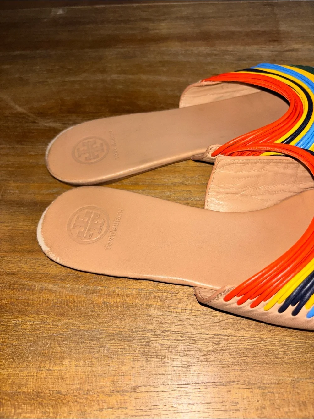 Tory Burch Tan Leather Pointed Mule with Rainbow Stripes